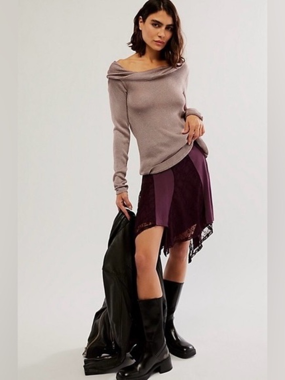 NWT FREE PEOPLE Dreamcatcher Mini Skirt, size large, color: plum / prune